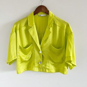 Zara Bright Crop Blouse Shirt Top M Citron Yellow Green Flowy